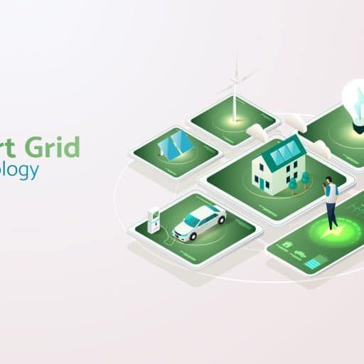 Smart grid technology illustration with solar, EV charging, home energy and IoT monitoring